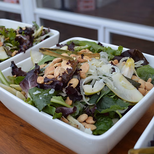 Spanish Harvest Salad in White Bowls on Wooden Display
