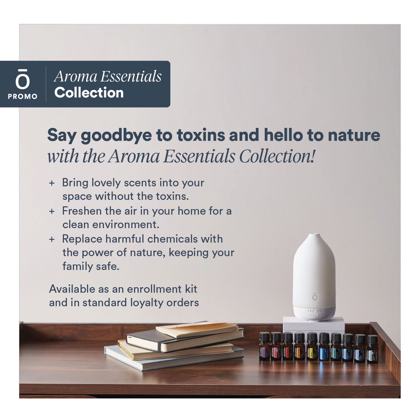 The Aroma Essentials Collection comes with ten 5 mL essential oils and blends, as well as the Laluz™ Diffuser. This new collection is perfect for anyone starting a lifelong journey with essential oils.