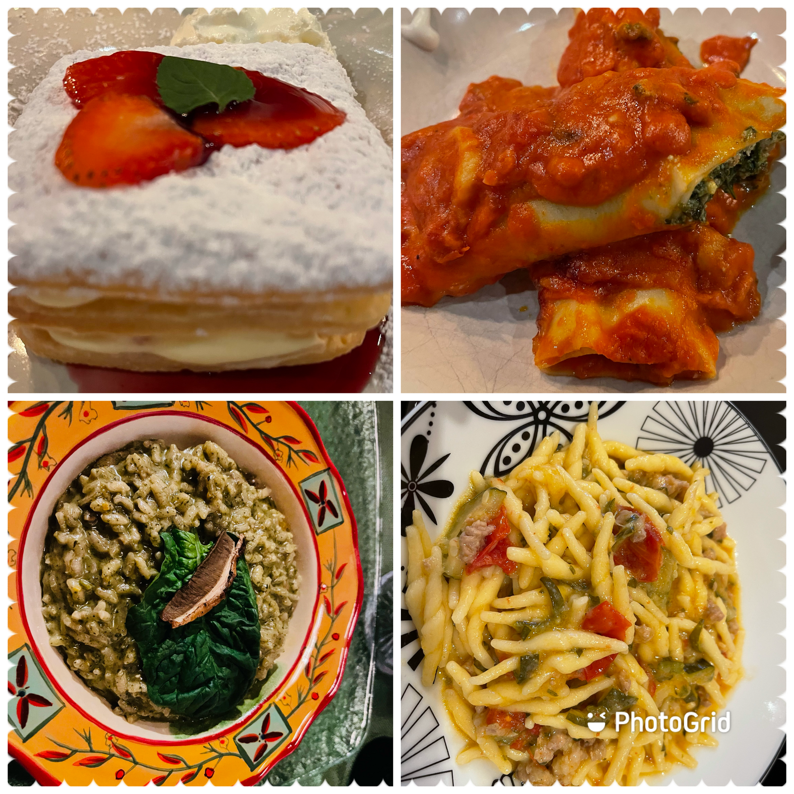 Some of our delicious food options. Italian multi-layered desert, stuffed zucchini, mushroom rice, and chicken pasta. 