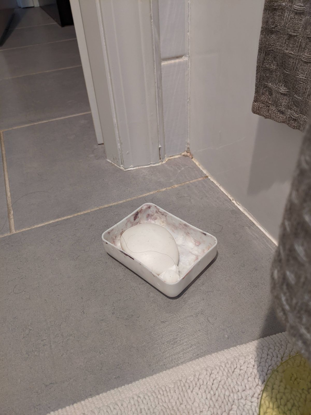 The soap, after she cleaned it up. Conveniently, it had been placed right next to its dish.