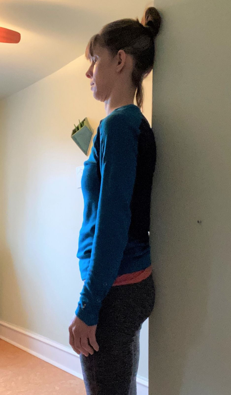 Here, my pelvis is neutral, so there's a bit of space between my low back and the wall, but not much; my ribcage is relaxed down; and back of my head is agains the wall. 