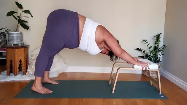 Directions:          Stand and place your hands in front of you on an elevated surface.
Straighten your arms and fold forward.                                                                                                                                                             Lower your chest between your shoulders.
Keep your hips up and heels against the floor.
Hold, breathing deeply throughout. **notice how much easier this is on the wrists