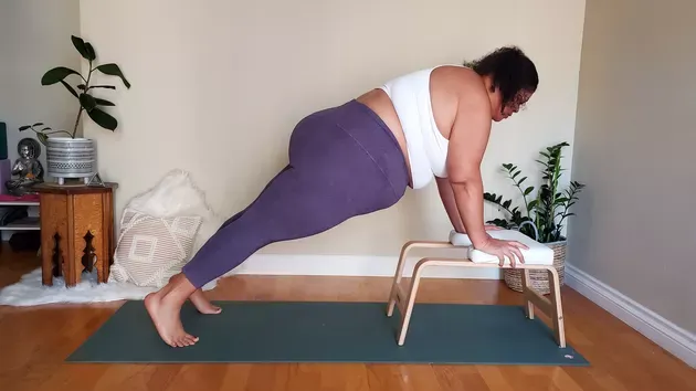 Directions:        Place your hands shoulder-width apart on a sturdy, elevated surface.
Step your feet back into a plank position with your arms straight and shoulders over your wrists.                                                        Your body should form a straight line from head to heels.
Hold, breathing deeply throughout. **easier on the wrists & easier to come out of