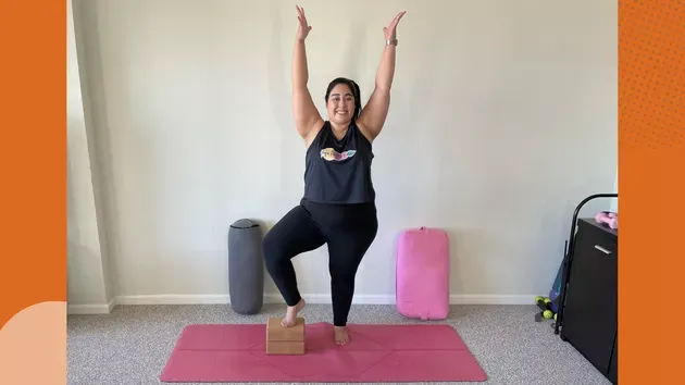 Directions:      Stand tall next to a block or two.
Shift the majority of your weight to the leg farthest from the block.
Raise your opposite foot and rest its toes on the block.
Bring you arms up overhead as comfortable.
Hold, breathing deeply throughout. **perfect for creating a pose free from the fear of falling as you start to build your balance