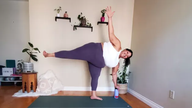 Directions:     Place a block or water bottle at the top of the mat.
Facing it, place your left hand on top of the block and lift your right leg from the floor.
Stack your hips and shoulders as you open up to the right. Keep your right leg straight.
If you want, extend your right arm toward the ceiling.
Hold, breathing deeply throughout.
Switch sides.  **my favorite way to do 1/2 moon safely