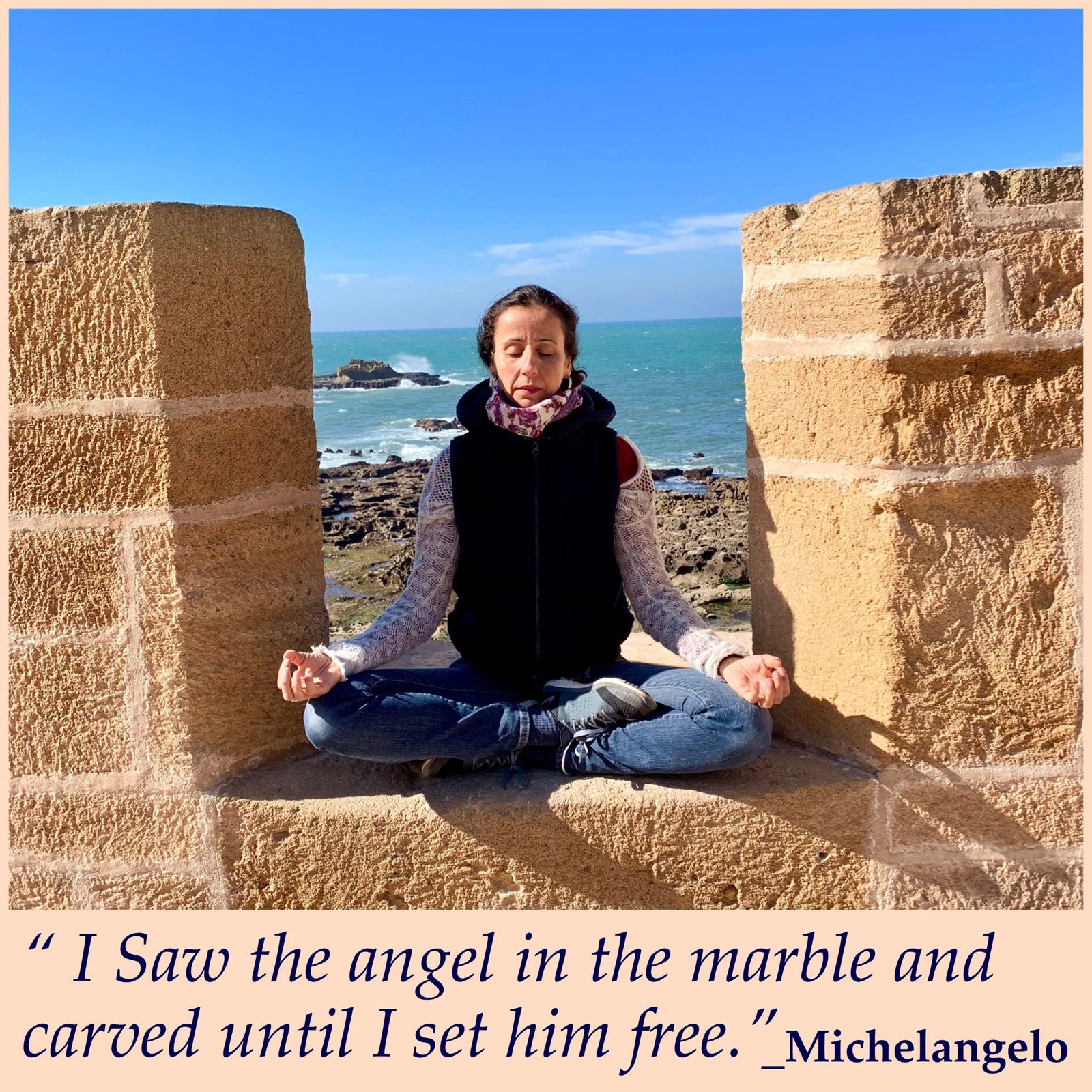 In this beautiful quote, the most famous sculptor of the Italian Renaissance allows us to experience spirituality and freedom. The art of carving is the process of cutting away, letting go and liberating the original form. This powerful metaphor enhances the clarity of awareness to unleash the accumulated layers that prevent our divine light to shine out to the world. When we begin to awaken, we see our angel, our true identity purified from the mind pollution and set free by simply being.

Namaste