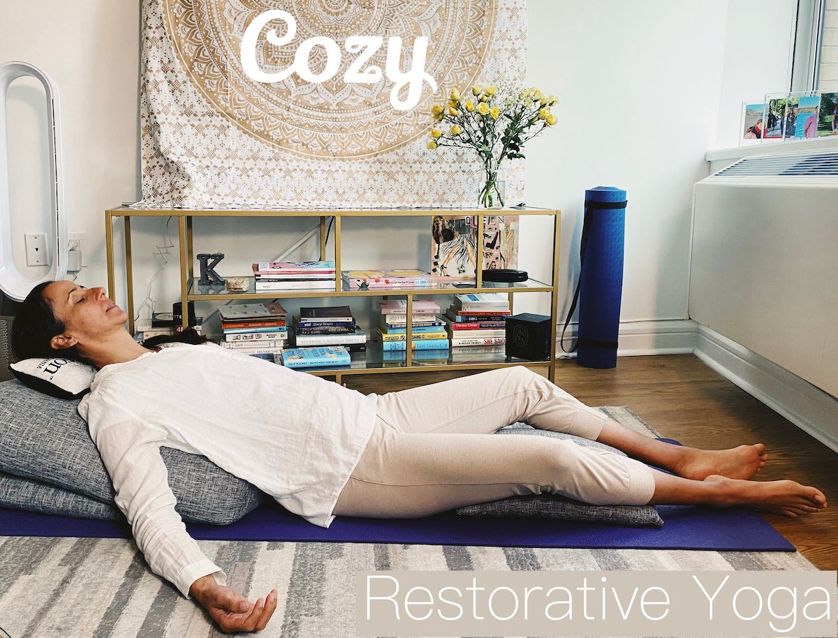 
Nothing is more delicious for the mind then a cozy and restorative yoga experience from your home.

As the days get shorter and colder, the body becomes rigid and the mood gets affected. If you are feeling less enthusiastic, less cheerful, less social, more emotional, more cravings for sweets and carbohydrates, it is scientifically proven for most people to feel that way during colder months.

The lack of sunlight can generate more stress, anxiety and more likely depression. Why wait for the sun to shine and the flowers to bloom to feel great again? Why let our moods depend on seasonal changes? There are practices that help us connect with our resourcefulness and innerpeace feeling joy inside. A cozy restorative yoga does just that. The sun might be hiding outside but shines bright inside.

Gratitude 🙏
