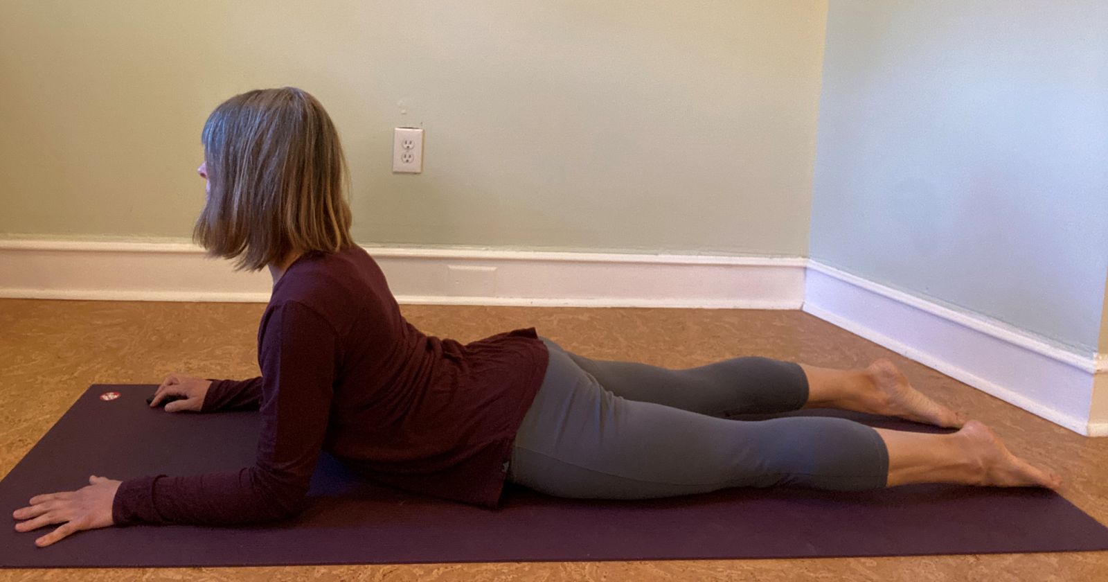 sphinx pose - elbows under shoulders, forearms parallel, hands/forearms/elbows pressing down, shoulder blades pressing into back ribs to lift and open chest