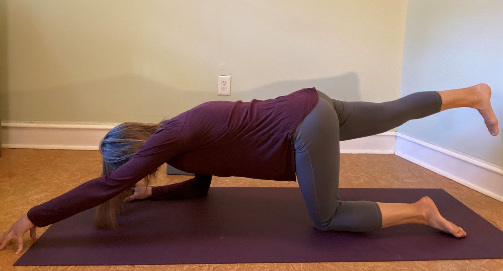 forearm bird dog - from all fours, come down to your forearms, lining up your elbows under your shoulders. Press down into your forearms and lift up between your shoulder blades. Extend one leg back, lifting it to hip height, using core engagement to prevent your low back from sagging towards the floor. Stay here for several breaths or walk opposite fingertips forward, allowing that shoulder blade to move towards your head and soften away from your neck.