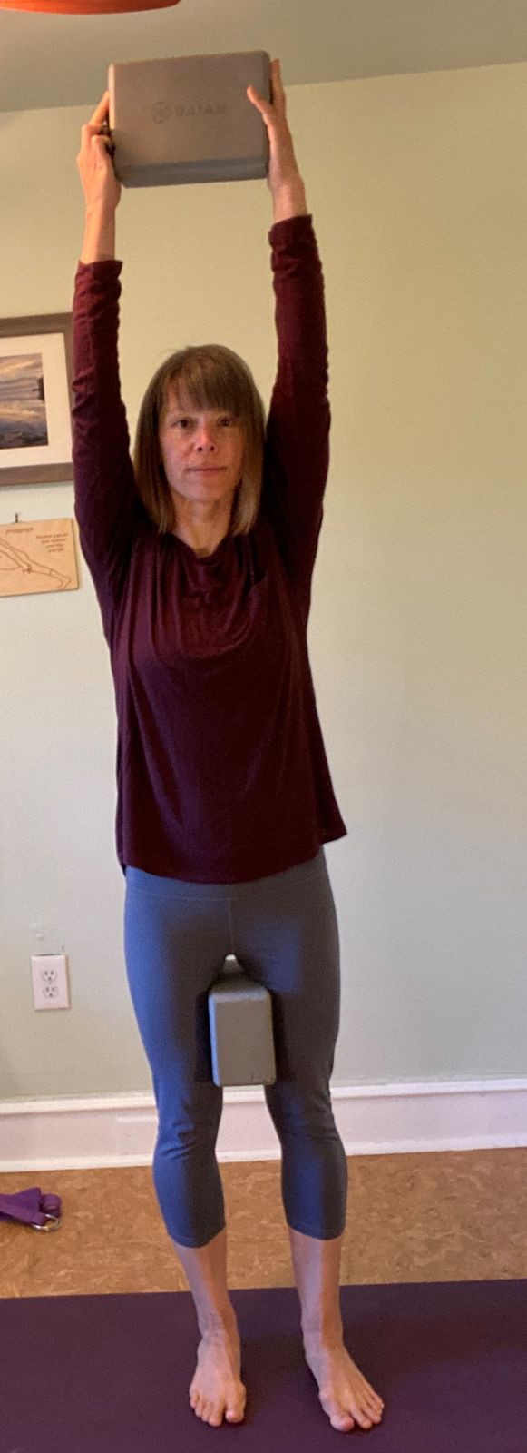 tadasana with blocks - Start with your arms at shoulder height. Press into the sides of the block as your lift your arms overhead, respecting your range of motion. Move with your breath or hold.
