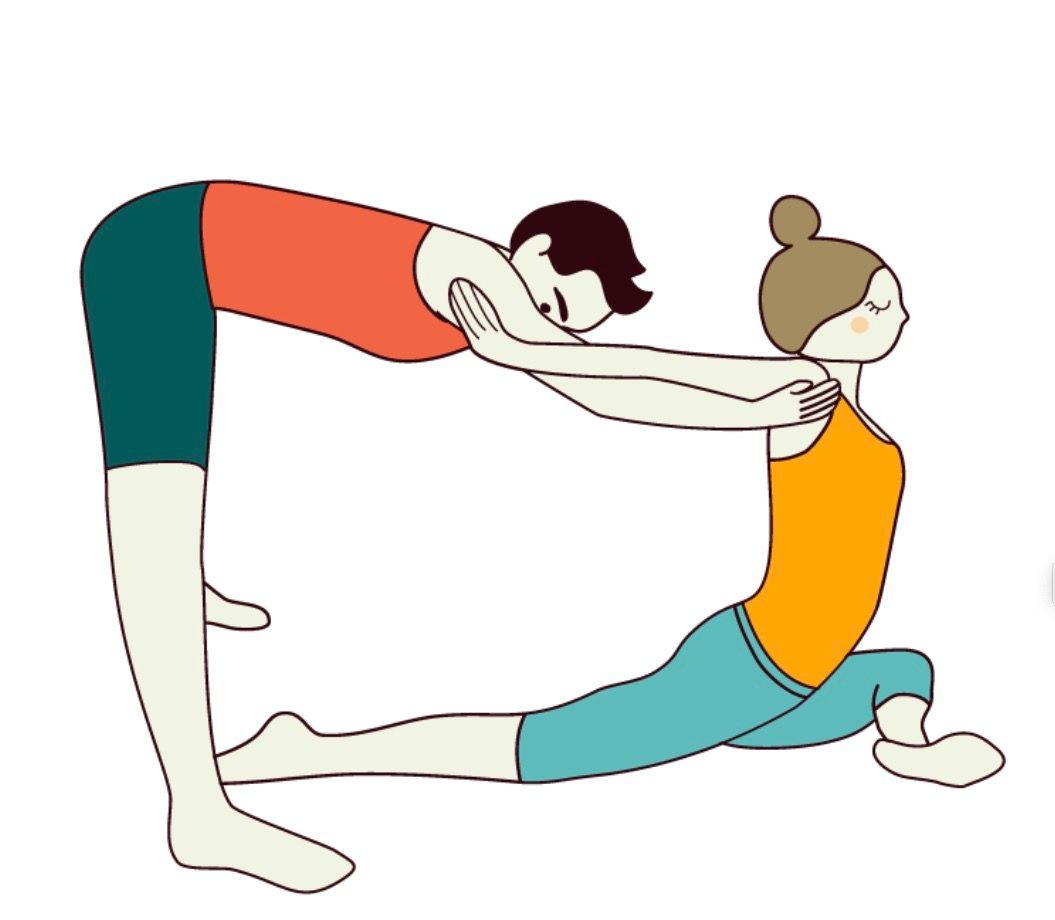 Partner Wide forward Fold Half Pigeon Pose hands Back Variation OR tech back to a chair