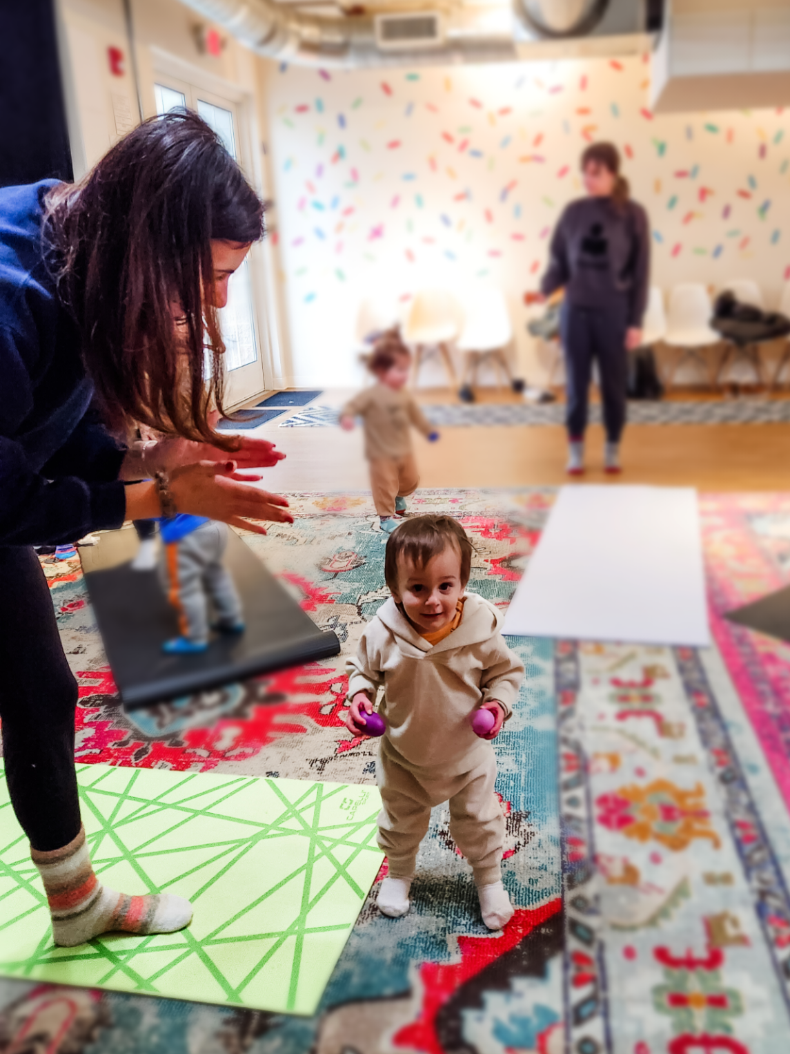 Corinne + John enjoying a little yoga dancing at Toddler Yoga