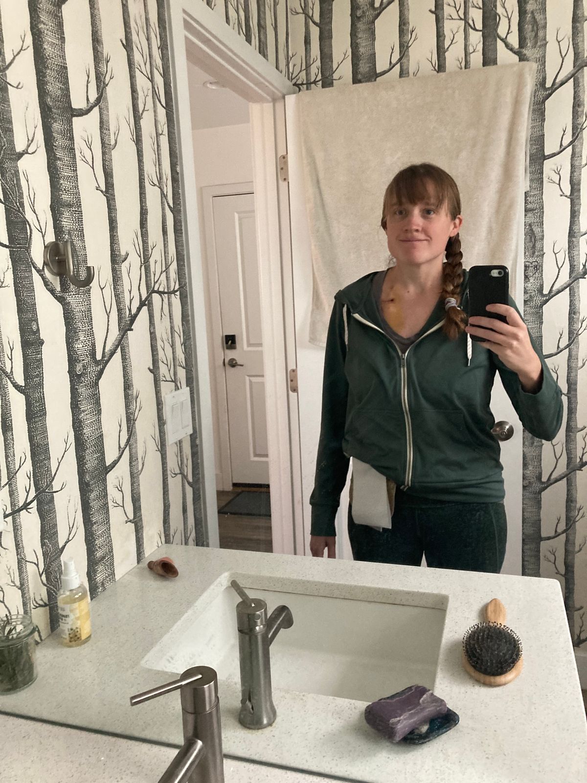 This is my battle gear; comfy clothes, ostomy, port on the left so I can still snug my 2 year old.