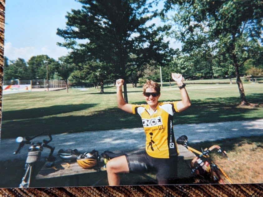 Here is a throwback photo of me celebrating right use of energy Biking Across Kansas, circa late 1990s or early 2000s. :-)