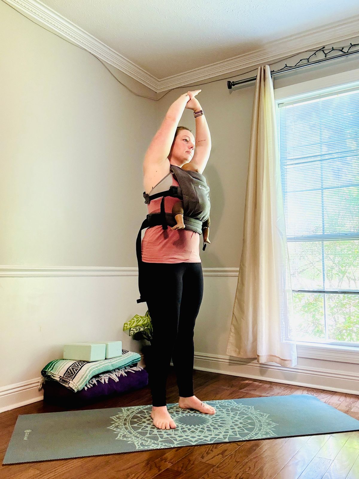 Inhale, reach one arm overhead – Gentle side stretch. Repeat other side.
