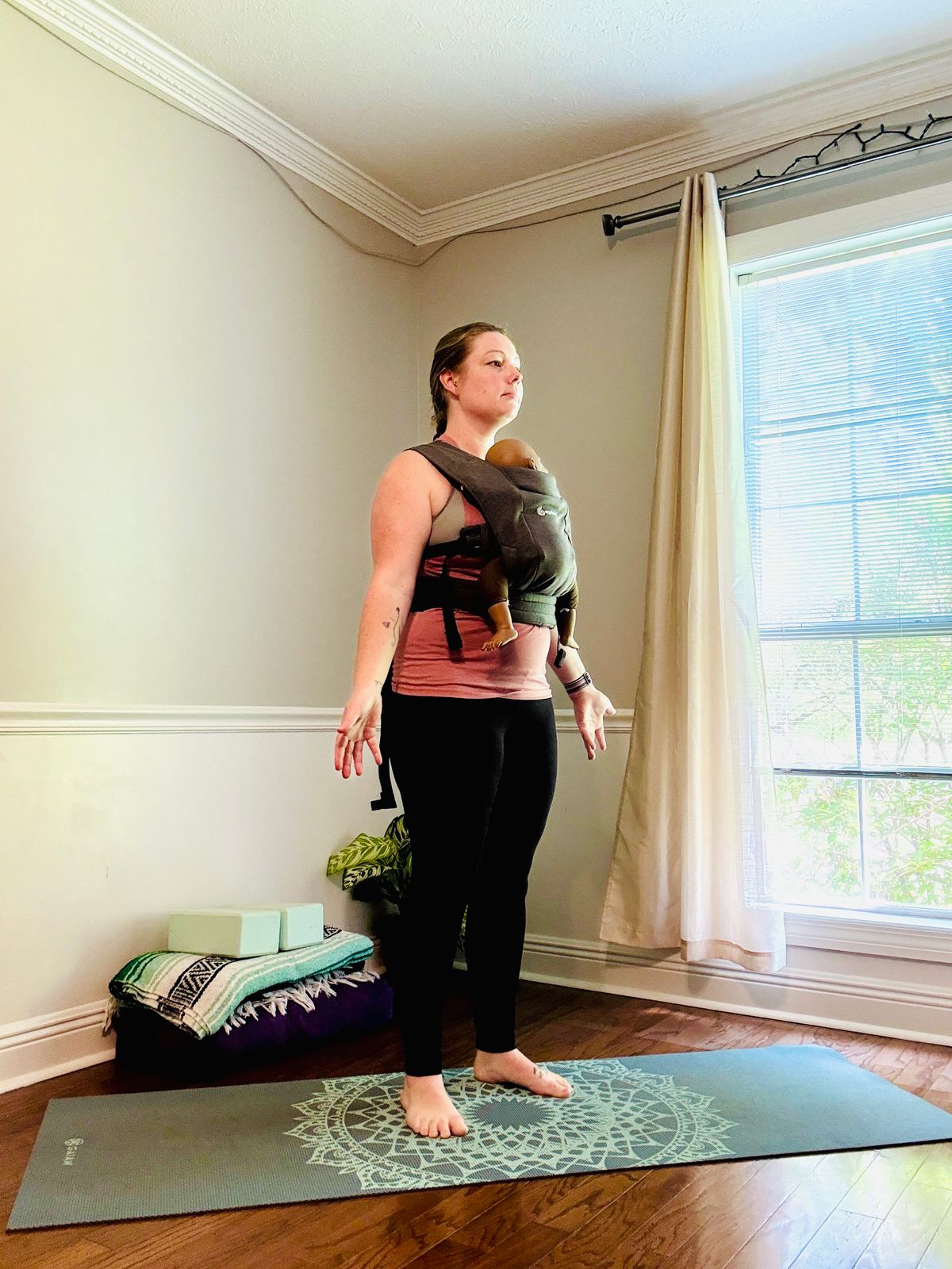 Inhale, return to standing - ground through the feet, open the shoulders
