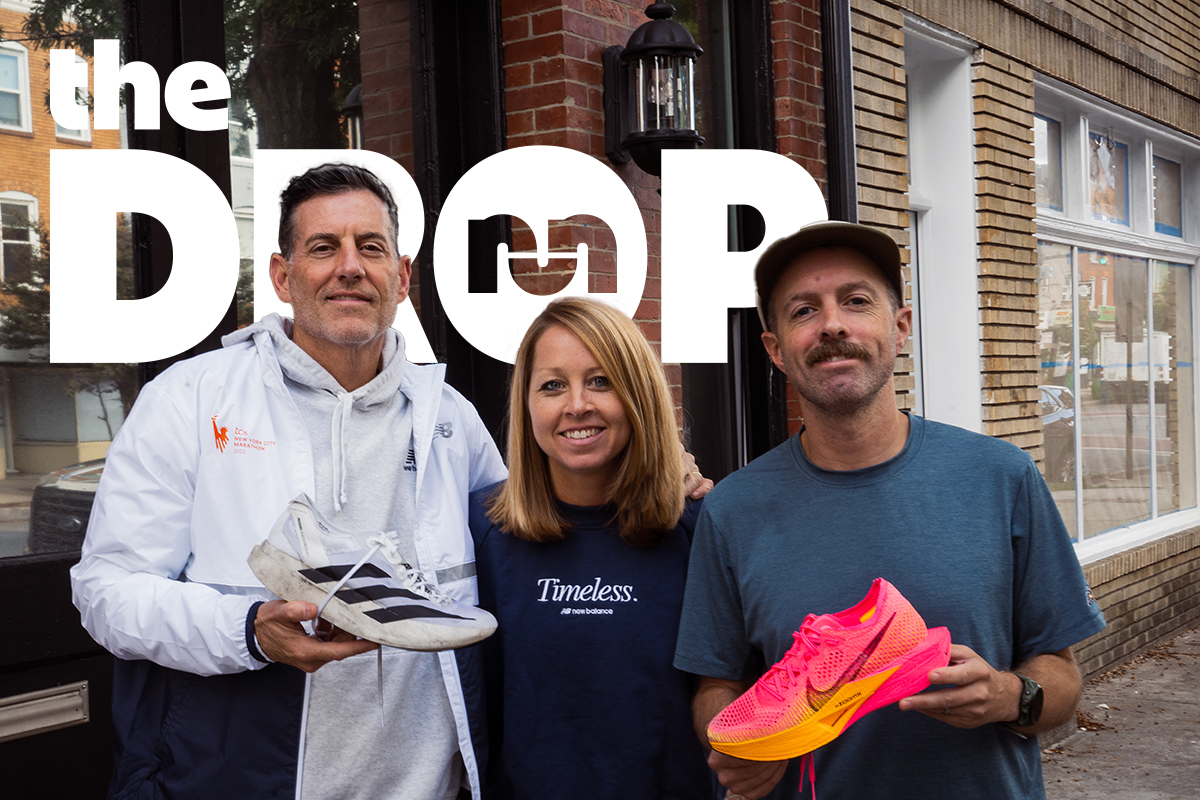 man on left holding adidas shoe, woman smiling in middle, man on right holding pink nike shoe