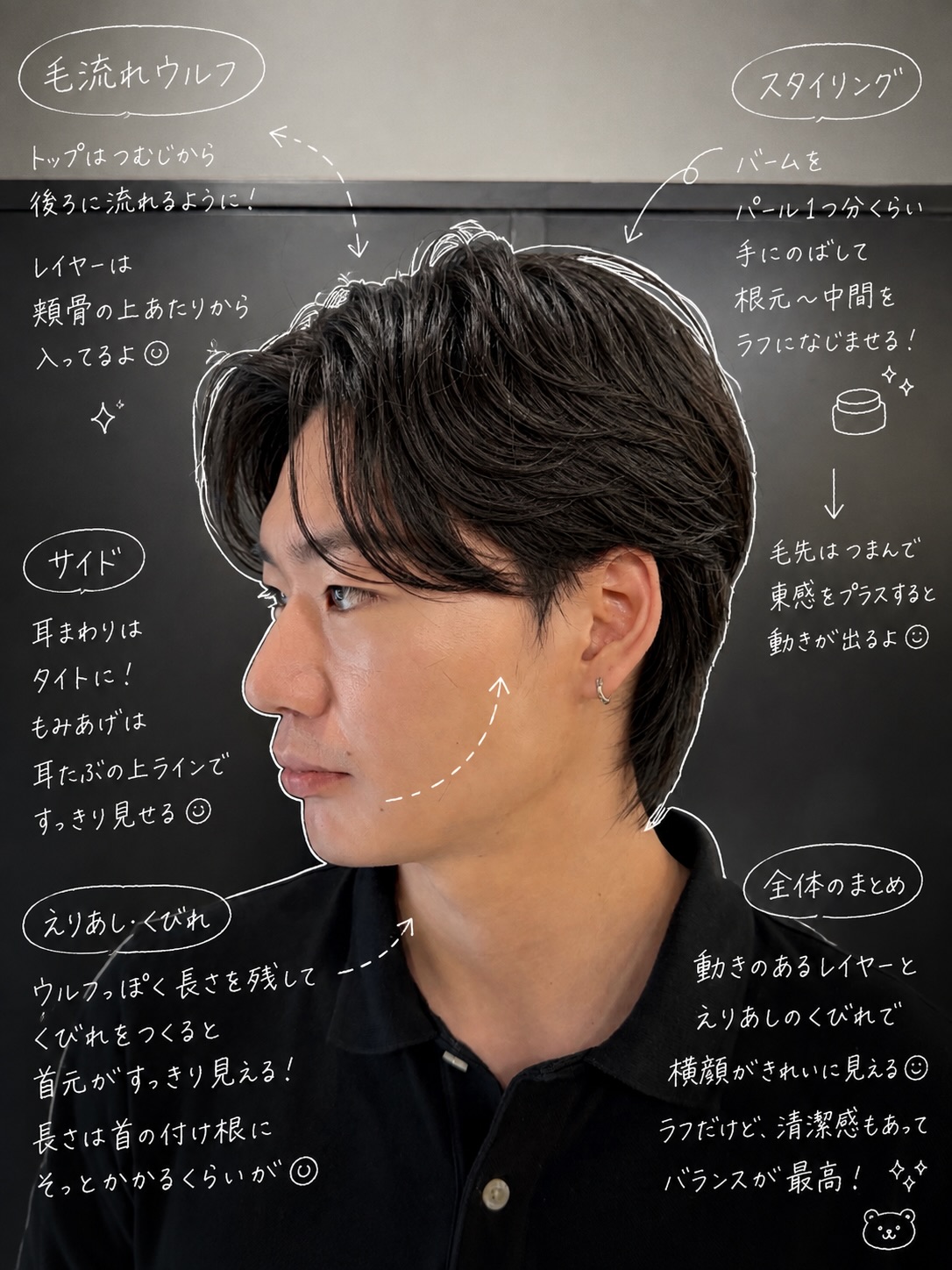 毛流れ×ウルフでつくる、色気のある横顔。