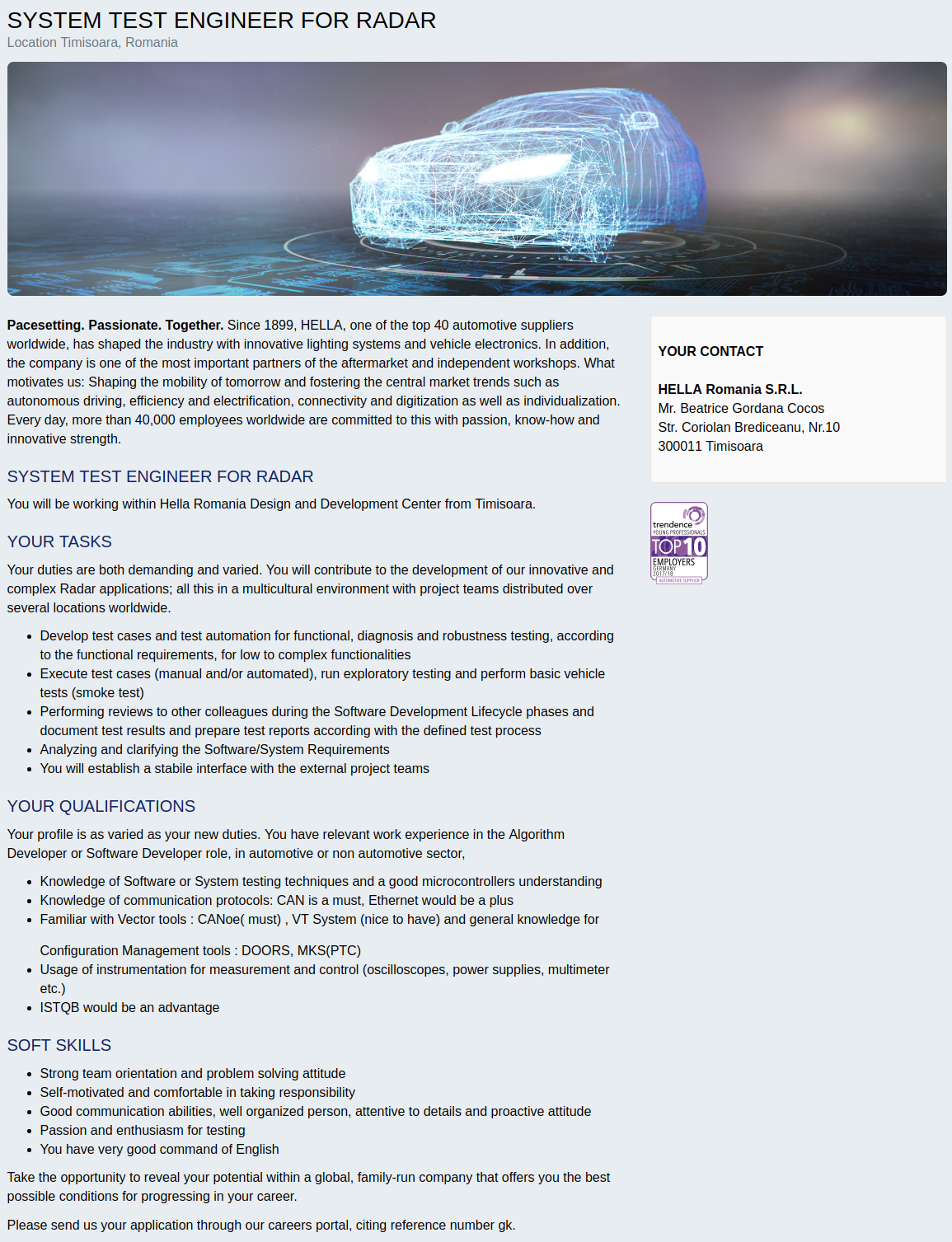 SYSTEM TEST ENGINEER FOR RADAR - Arad, Timișoara - Hella Romania S.R.L -  BestJobs.eu
