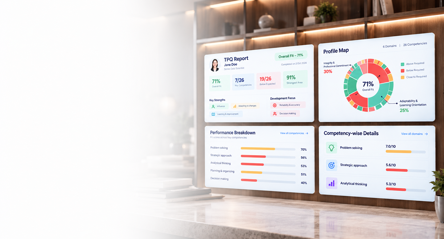 ACHNET TPQ dashboard showing a behavioral competency profile, role alignment and report insights
