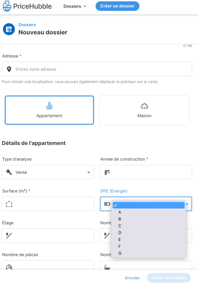 Saisie de l'étiquette énergétique sur la page de création du dossier.