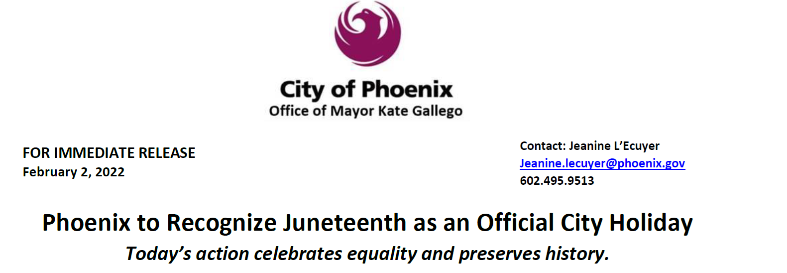 PHOENIX RECOGNIZES JUNETEENTH AS AN OFFICIAL CITY HOLIDAY
