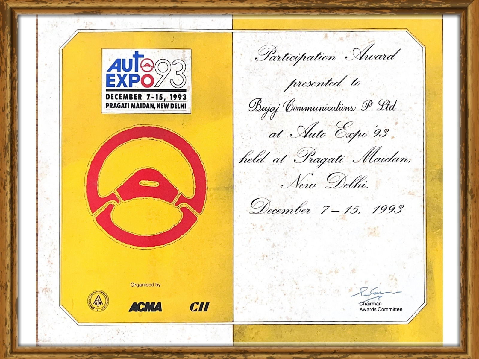 Auto Expo '93, New Delhi — archival certificate
