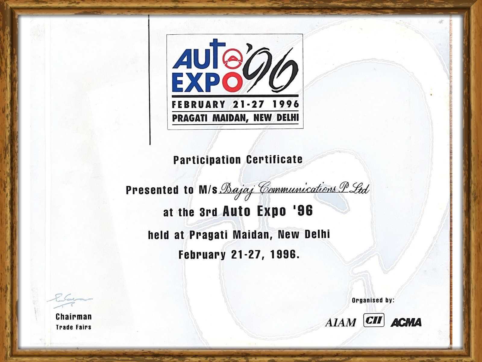 1996 Auto Expo participation certificate