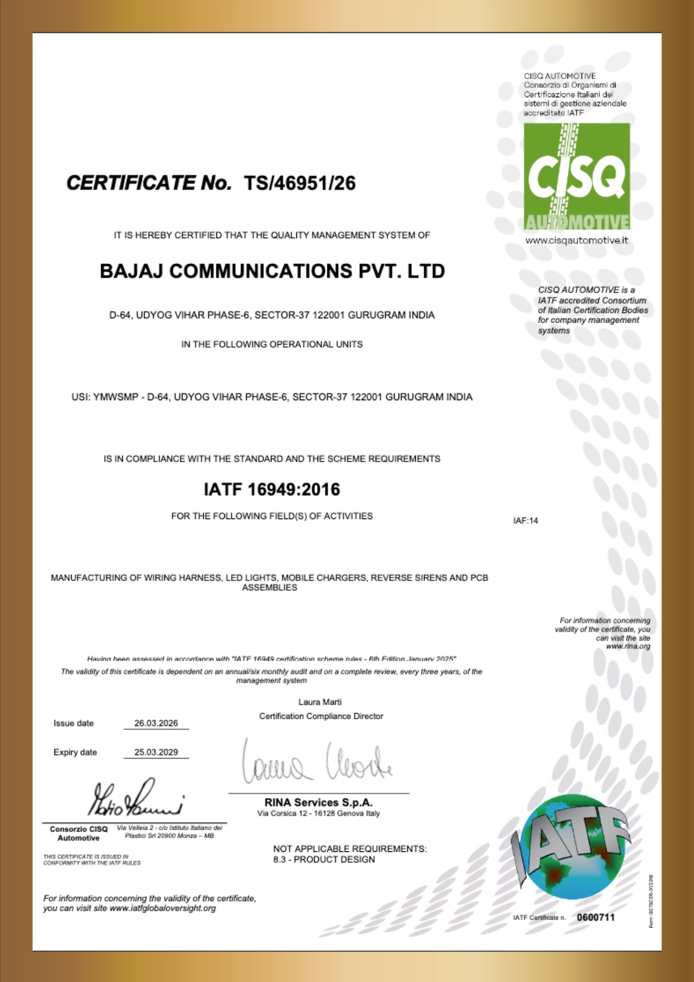 IATF 16949:2016 certificate