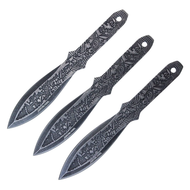 product image for Aeroblades Throwing Knife Set 6 5 Overall Samurai Bushido Warrior Stonewash Blade 3 Pc