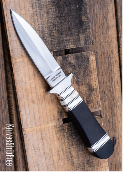 product image for Alan Warren Custom Knives 2564 Boot Dagger African Blackwood Fossilized Walrus Ivory Black G10 Nickel Silver Fluted 7075 Aluminum Accents Black G10 Pommel CPM 154