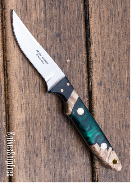 product image for Alan Warren Custom Knives 2574 Bird Trout EDC Stabilized Maple Resin Hybrid Black G 10 W Bronze Pins Bolster Black G 10 Liners Brass Fossil Ivory Pins Brass Lanyard Hole CPM 154