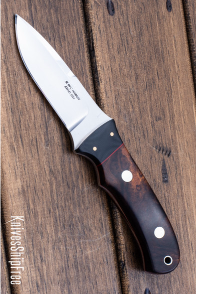 product image for Alan Warren Custom Knives 2582 The Roy Knife Ironwood Burl Black G 10 Bolster W Bronze Pins Red G 10 Liners Nickel Silver Corby Rivets CPM 154