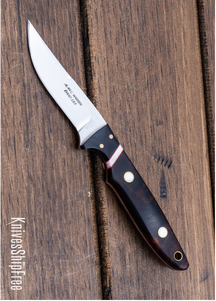 product image for Alan Warren Custom Knives 2573 Bird Trout EDC Ironwood Burl Black G 10 W Bronze Pins Bolster Red G 10 Liners Brass Fossil Walrus Ivory Accents Brass Lanyard Hole CPM 154