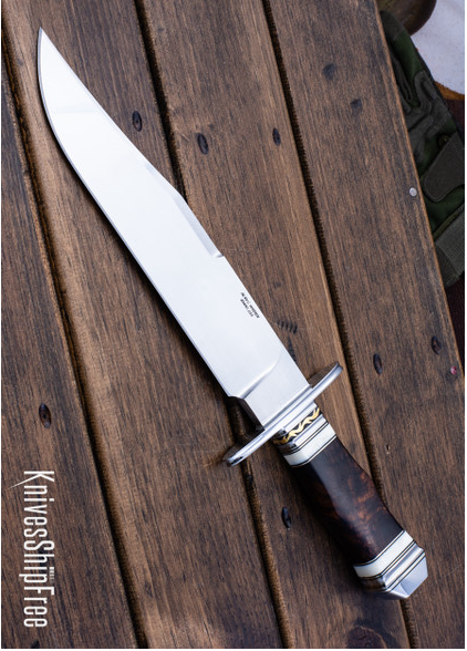 product image for Alan Warren Custom Knives 2562 Coffin Handle Bowie Ironwood Burl Fossil Walrus Ivory Fluted Titanium Black G 10 Nickel Silver Accents Fileworked Aluminum Bronze CPM 154