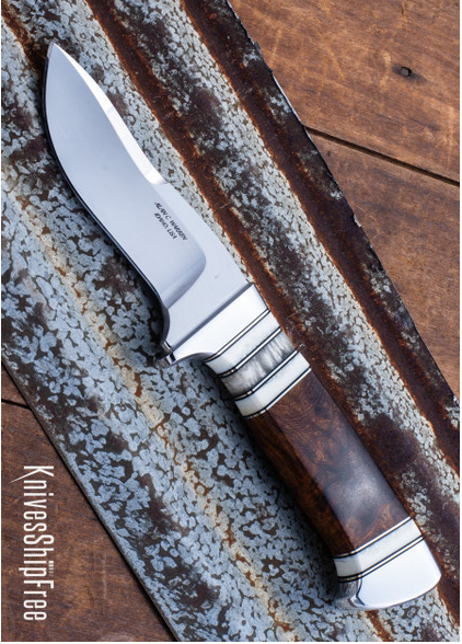 product image for Alan Warren Custom Knives 2581 Humpback Hunter Ironwood Burl Fossil Walrus Musk Ox Nickel Silver Black G 10 Accents CPM 154