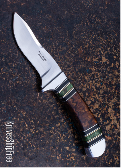 product image for Alan Warren Custom Knives 2584 Humpback Hunter Ironwood Burl Stabilized Maple Nickel Silver Brass Black G-10 Accents CPM 154