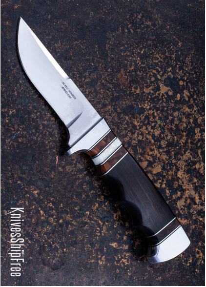 product image for Alan Warren Custom Knives 2579 Grizzly Hunter African Blackwood Fossil Walrus Ivory Ironwood Burl Black G10 Nickel Silver Accents CPM 154