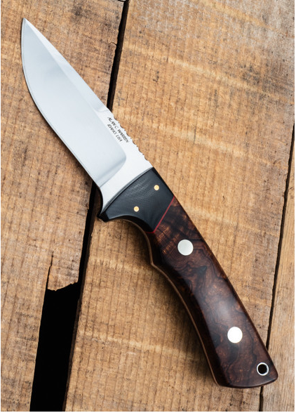 product image for Alan Warren Custom 2538 Drop Point Hunter with Ironwood Burl, Red G10 Liners, Black G10 Bolster, and Bronze Pins CPM 154 with Custom Rattlesnake Sheath