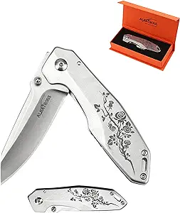 product image for ALBATROSS 7" EDC Folding Knife Liner Lock with 3" 8Cr14MoV Steel Blade and Rose Pattern Stainless Steel Handle - Orange Gift Box