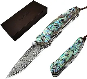 product image for ALBATROSS HGDK015B Damascus Steel Pocket Knife Liner Lock Folding Knife with Abalone Seashells Handle