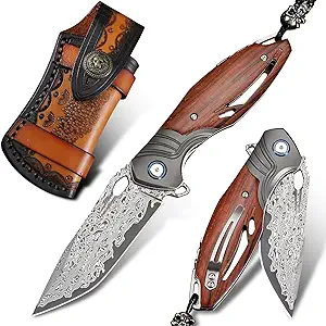 product image for ALVELY Red Damascus Steel Folding Knife with Acid Branch Wood Handle - Model No. Missing