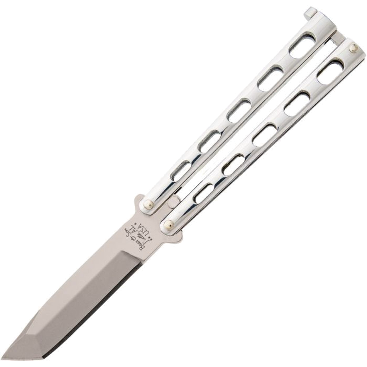 product image for Bear and Son Balisong Butterfly Knife BCSS14A - 3.38" 440 SS Bead Blasted Tanto Blade, Polished Stainless Steel Handle