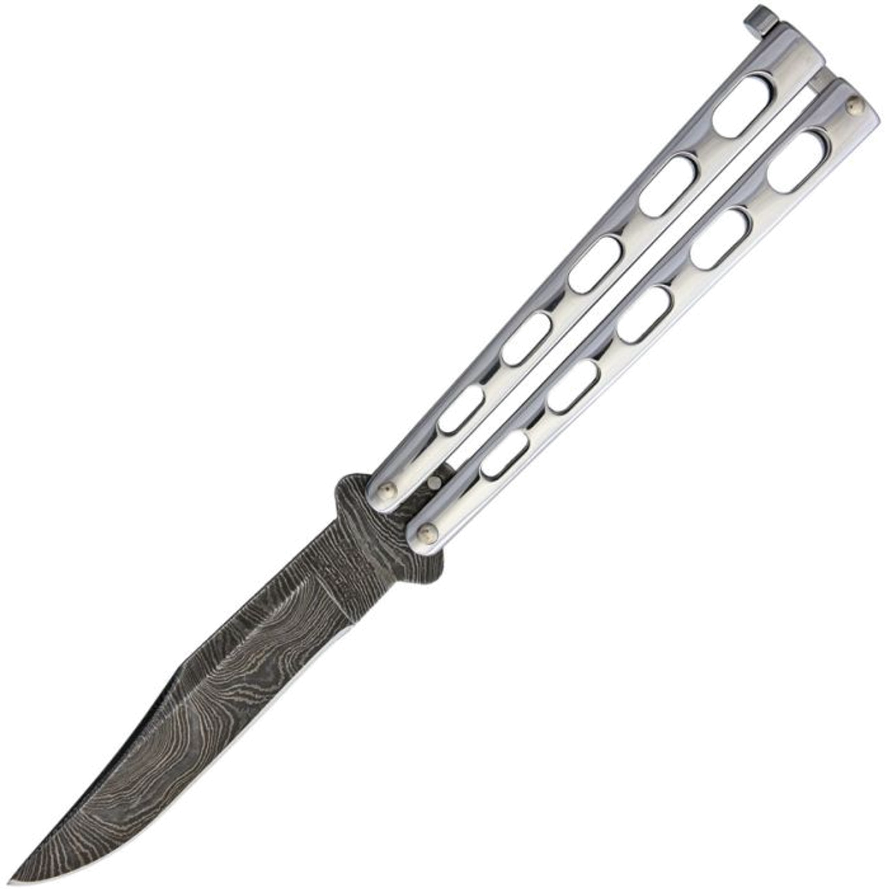 product image for Bear and Son BCSS14D 3.63" Damascus Clip Point Butterfly Knife with Mirror Finished 440 Stainless Steel Handle