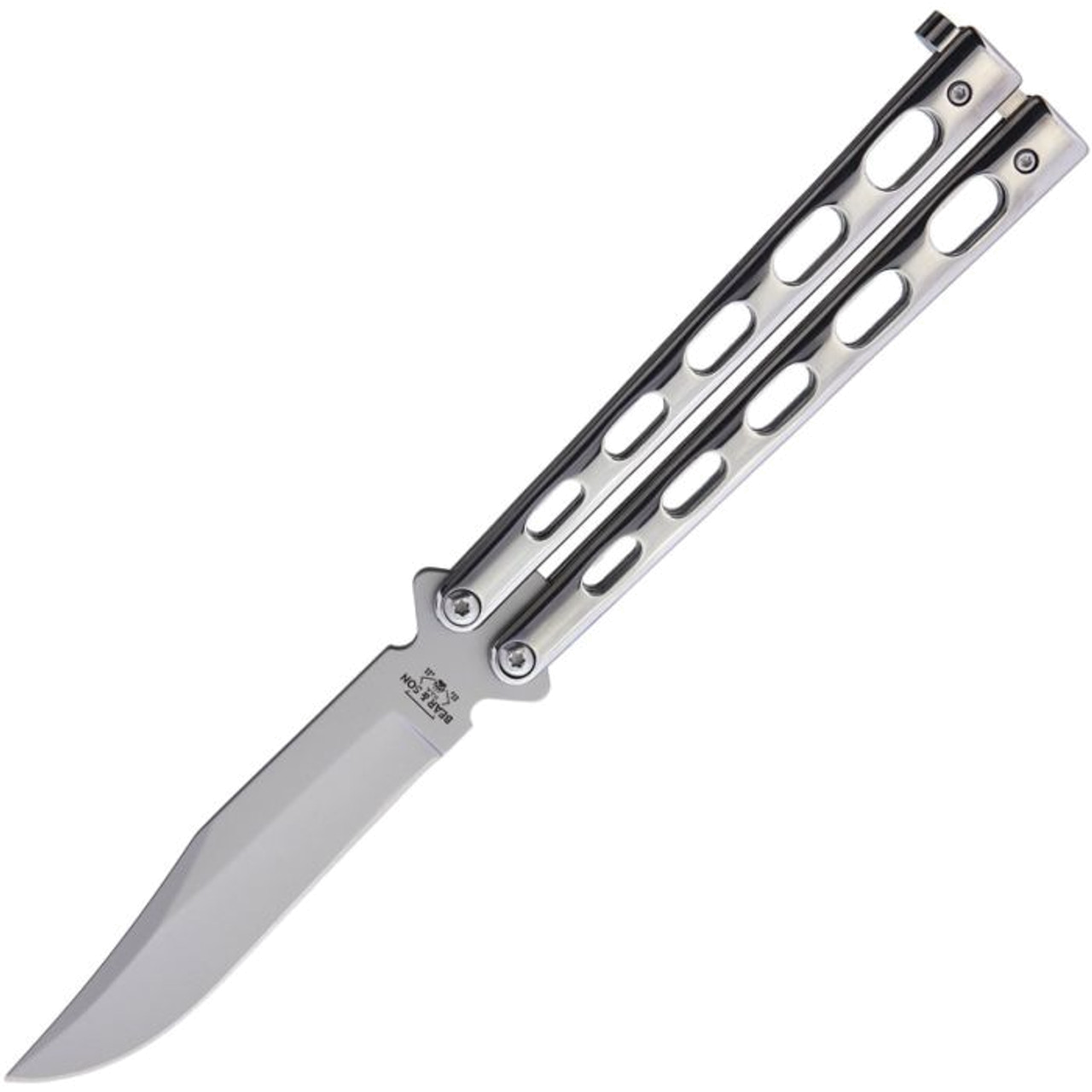 product image for Bear and Son BCSS14 Butterfly Knife 3.63" Bead Blasted Clip Point Plain Blade, Mirror Finished 440 Stainless Steel Handle