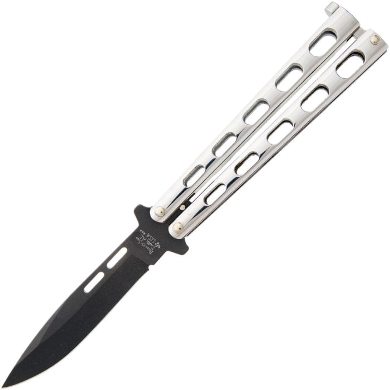 Bear and Son Black BCSS15 Butterfly Knife 3.38" Spear Point Blade, Polished 440 Stainless Steel Handle product image