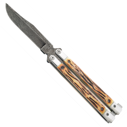 product image for Bear-and-Son 517D Genuine India Stag Bone Butterfly Damascus Knife