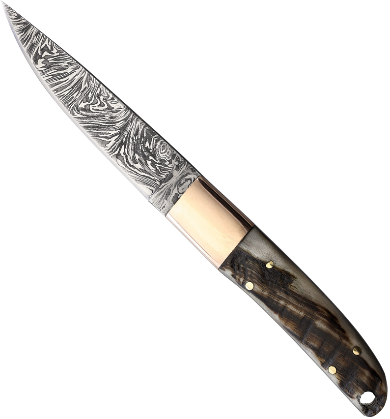 product image for Ben-Jahmin Damascus Steel Fixed Blade Knife with Ram Horn Handle and Black Leather Sheath - 4.25" Blade