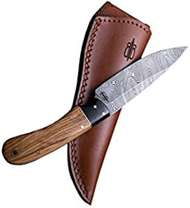 product image for Buckn Bear Custom Handmade Fixed Blade Damascus Hunting Knife With Leather Sheath Drop Point Utility Olivewood G 10 Handle