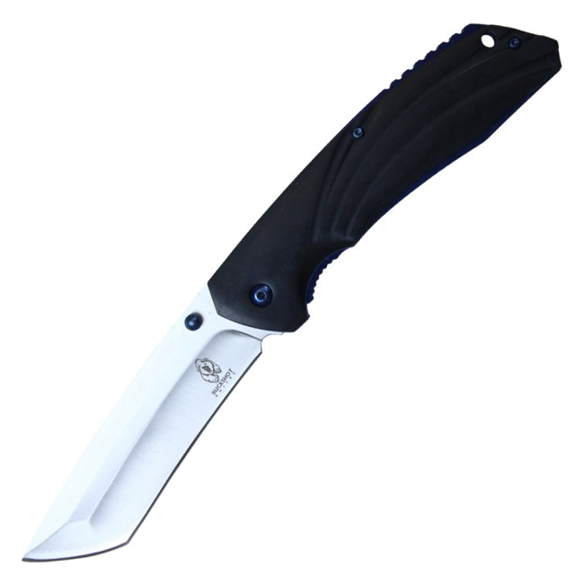 Buckshot Black Spring Assist Folding Knife with Silver Tanto Blade